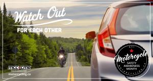 2021 Motorcycle Safety Awareness Month campaign message - Watch Out For Each Other. Image of a motorcycle and a car heading toward each other on a beautiful tree-lined highway.