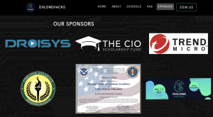 The image is a screenshot of the OhloneHacks website, with a logo of Droisys shown under sponsors.