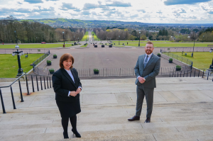 Minister for the Economy Diane Dodds and Business Development Director of PAC Group Darren Leslie pictured outside Stormont. PAC are celebrating winning a Queen’s Award for Enterprise for Innovation and becoming accredited as a Platinum Level Innovator wi