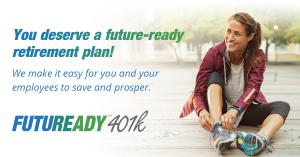 Image of FUTUREADY401K logo with smiling woman putting on running shoes