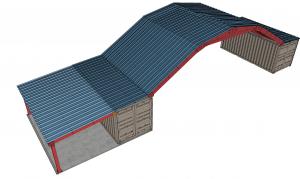 Gambrel shaped roof with awning attached on one side