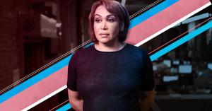 Image of trans woman against graphic design background