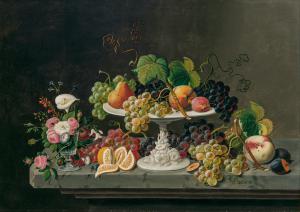 Oil on canvas by Severin Roesen (American, 1815-1872), titled Still Life of Fruit with Goblet of Flowers ($60,000)