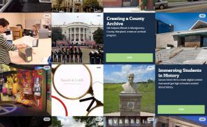 Screenshot of a digital exhibit featuring several story tiles. Most show photographs, but two show text. One reads "Creating a County Archive," the other reads "Immersing Students in History."