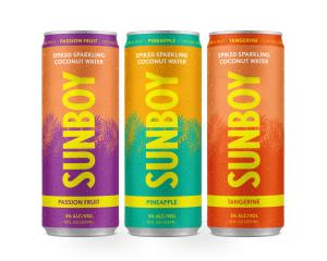 Three cans of SUNBOY Spiked Sparkling Coconut Water in Passion Fruit, Pineapple and Tangerine flavors.