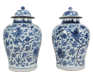 Pair of Chinese blue and white baluster bases and covers