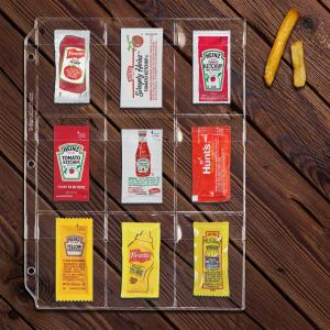 Clear plastic binder page with nine pockets. Each pocket has a ketchup or mustard packet inside.