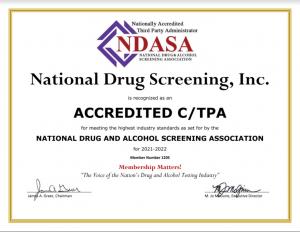 Certificate issued by NDASA Recognizing National Drug Screening With C/TPA Accreditation