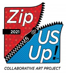 a diagonal cartoon zipper joins 2 triangular painted canvas pieces, on each side