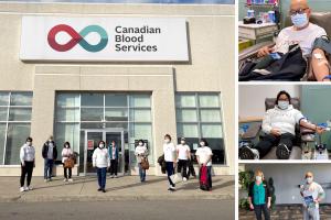<img src=“blood.jpg” alt=“Happy volunteers from Iglesia Ni Cristo church posing in front of Canadian Blood Services building on a sunny day after having given blood. For each week in May 2021, the INC organized groups to go to Canadian Blood Services locations.