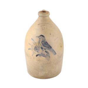 Two-gallon jug debossed, “Robt. Rutherford Guelph”, boasting an outstanding bird decoration (est. CA$4,000-$5,000).