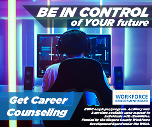 Image of a young person playing computer video games with message "BE IN CONTROL of YOUR future Get Career Counseling Niagara County Workforce Development Board"