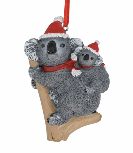 A hanging ornament of a koala hugging a tree branch with a joey on her back. Both wear red Santa hats.