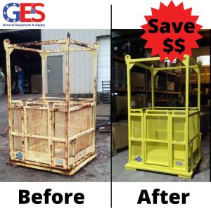 Cage completely refurbished by GES. Compare the left image of equipment in disrepair to the right side image. Right side image shows cage completely refurbished and painted.