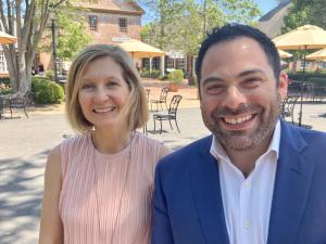 Michelle Jepson, RN and Jeffrey Grossman of Commonwise Home Care after a recent meeting at The Cheese Shop in Williamsburg, VA.