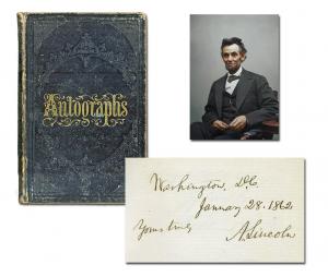 Victorian autograph album containing the signature of Abraham Lincoln and 226 members of his administration and Congress ($37,500).