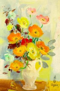 Lovely oil on canvas still life floral painting by the Vietnamese painter Lê Phổ (1907-2001), titled Fleurs (Flowers), artist signed lower right ($20,910).