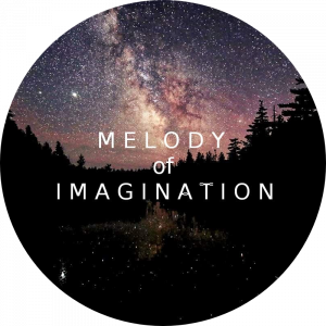 Melody of Imagination company logo against pine trees that are set amongst the bright stars.