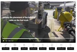 Screen capture of interactive video question on placement of the bonding cable on a fuel truck.
