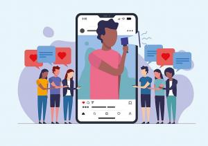 Image of a smart phone with a large person inside it speaking into a megaphone. Smaller people surround the phone showing expressions of love.