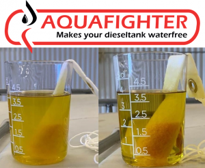 Photo of fuel before Aquafighter and after Aquafighter use.  Before Aquafighter the fuel is cloudy and full of water.  After Aquafighter the fuel is clear & bright.