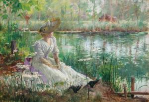 Oil on panel by Charles James Theriat (American, 1860-1934), titled A Beauty by a River, signed and dated. Estimate: $8,000-$12,000.