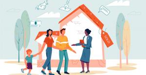 illustrated image of a family in front of a home, talking to a Realtor.