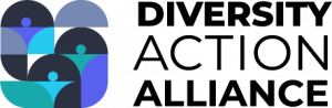 A picture logo of abstract figures in different tones of blue holding hands next to the words Diversity Action Alliance