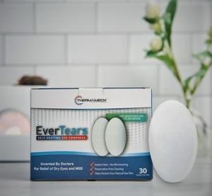 Box of 30 count EverTears® the worlds first self-heating pre-moistened eyelid cleaning pads recommended by doctors for patients suffering from Dry Eye Disease related to Meibomian Gland Dysfunction (MGD) available from US eye doctors or directly from thermamedx.com
