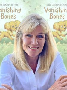 Author Amy Jussel with her new children's book title, Secret of the Vanishing Bones: Tracking the Data Trail 