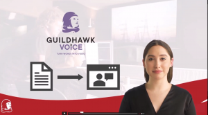 Video screenshot of Guildhawk Voice Multilingual Avatar female presenter explaining how Guildhawk's AI powered technologies work and the power of Guildhawk Aided the ultra-pure data lake that is used to train machine learning