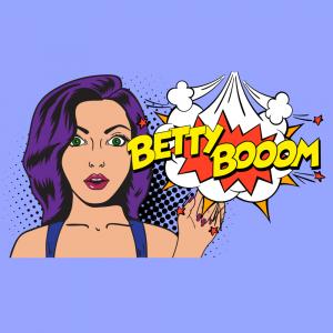 Cartoon drawing of Betty Booom with purple hair and blue background.