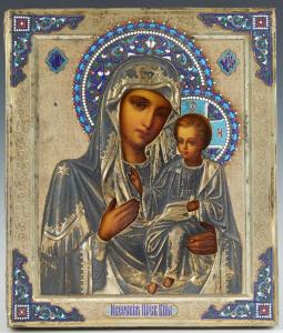 Russian icon of the Virgin of Kazan by Sergeyevich Lebedkin (Moscow, 1898-1914). Estimate: $500-$1,000.