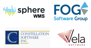 Company logos for SphereWMS, FOG Software, Vela Software, and CSI.