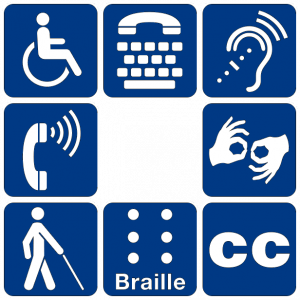 Images of U.S. National Park Service Disability Symbols—moving clockwise: a wheelchair symbol, a telephone type service symbol, an assistive listening system symbol, a sign language symbol, a closed captioning symbol, a braille symbol, a low vision access