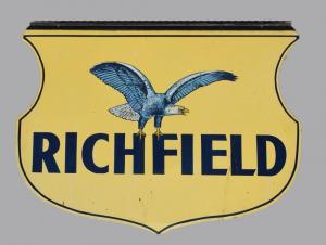 Richfield Oil double-sided sign, meant to hang as advertising at a Richfield Oil service station. 45 ½ inches by 58 inches. Estimate: $200-$5,000.