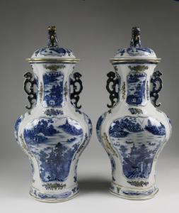 Chinese Export pair of underglaze blue baluster vases with covers, circa 18th century, 21 inches tall. Estimate: $25,000-$35,000.