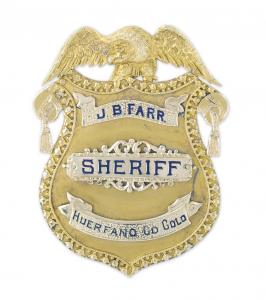 J.B. Farr’s early 1900s 14kt gold presentation sheriff’s badge, highly detailed, an important piece of Colorado history ($22,420).