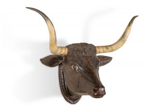 Hand-carved wooden bull head with real horns and Wild West history, having hung in “Shotgun” Ben Thompson’s Bulls Head Saloon in Abilene, Kansas (12,650).