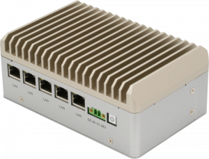 The image shows the front view of the BOXER-8230AI A4 model, showing the five LAN ports. It is easy to see the system is taller than the A3 model, as it features a SATA drive bay.