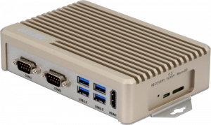 The image shows the rear view of the BOXER-8230AI A3 model, showing the four USB ports and the two COM ports and HDMI port. This system is much shorter, with a compact size.