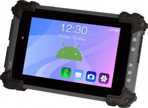 Image shows the RTC-710RK seven inch tablet PC with the Android home screen on the display.