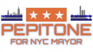 A blue and orange logo that reads "Bill Pepitone for NYC Mayor" set in front of a an outline of the New York City skyline.