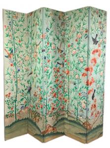 Chinese five-panel wallpaper screen, circa 1800, hand-decorated with a flower and bamboo garden on a pale blue ground ($4,920).