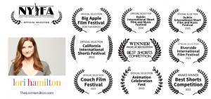 Laurels from multiple awards for film festivals, picture of woman with red hair smiling and the words lorihamilton.com