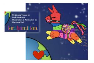 logo for a cartoon pinata jumping over the world with a heart and lorihamilton.com