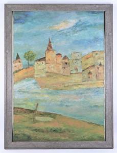 Abstract architectural oil painting by Ram Kumar (India, 1924-2018), depicting brown buildings against a vibrant blue sky, signed (estimate: $25,000-$35,000).