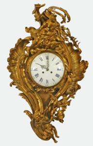 Large and ornate 19th century French figural cartel wall clock, 32 ½ inches tall by 21 inches wide (estimate: $3,000-$5,000).