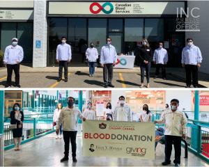 <img src="final 2nd photo copy.jpg" alt="Iglesia Ni Cristo (INC or Church Of Christ) ministers and members in happy group photos in front of blood donation centers in Alberta province during their blood donation drive from May to June 2021, which involved