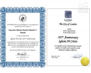 <img src="3rd photo certificates" alt="Congratulatory letters from Mayor Marianne Meed Ward (City of Burlington) and Mayor Ed Holder (City of London) for the Iglesia Ni Cristo (INC) or Church Of Christ on the occasion of its 107th anniversary." />